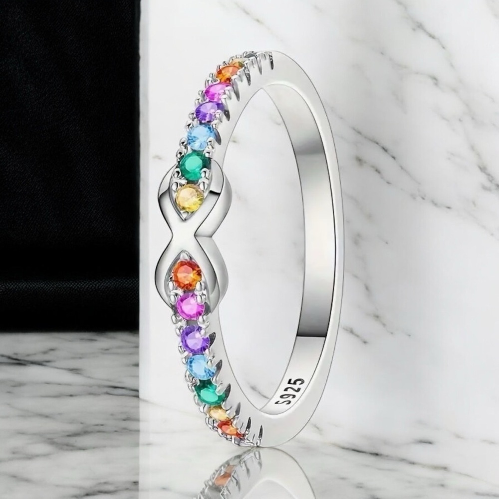 Multicolored Gemstone Band Infinity Ring SS925 Size 6 - Picture 2 of 7